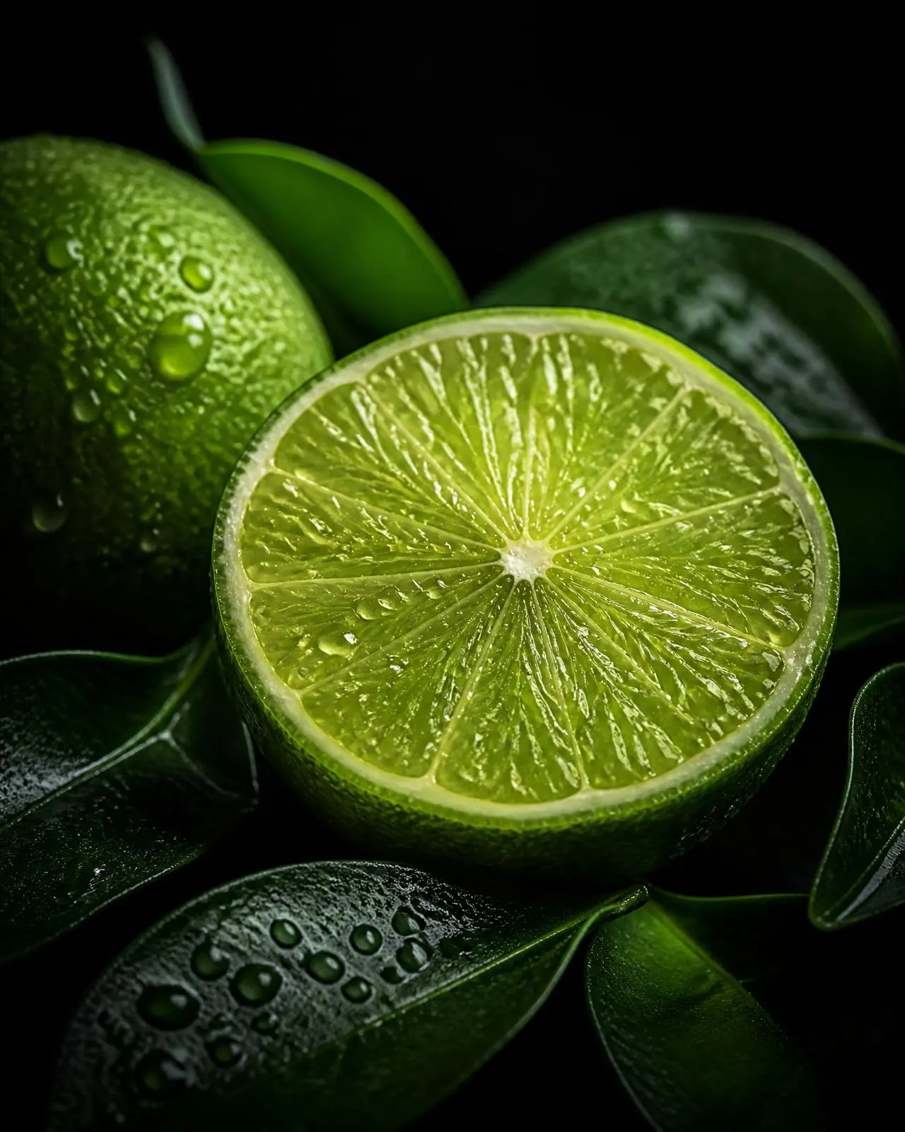 Lime fresco tagliato a metà con gocce di rugiada