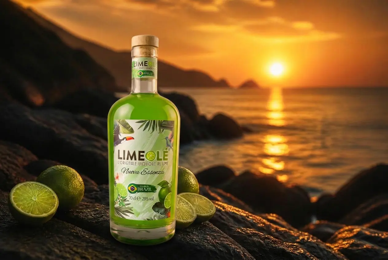 Bottiglia LimeOlé con lime freschi sugli scogli al tramonto sul mare